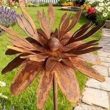 1pc Metal Chrysanthemum Garden Decor Ground Stake, Garden, Yard, Lawn Art Decoration, Rusty Art Decoration, Iron Flower Ground Stake, Chrysanthemum Silhouette, Outdoor Statue, Outdoor Holiday Decoration, Holiday Gift - Rusty Flower Design B - View 2