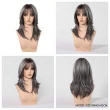 Fashionable Black & Gray Wig With Bangs, Ombre Layered Synthetic Fiber Wig, Suitable For Daily Wear - Gray Ombre - View 2