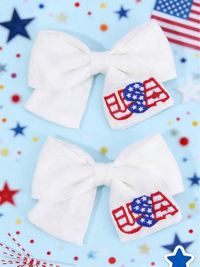 2pcs/Set 4th Of July Bow Hair Clips, Fabric Star Embroidered Hair Accessories, American Independence Day Girl Teacher Memorial Day Holiday Party Gift