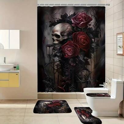 4 件套，骷髅艺术，玫瑰葬礼。高级浴室隔断帘，90 克/平方米涤纶面料，10 毫米厚马桶垫 3 件套，带 12 个挂钩的浴帘，71X71 英寸 [A123]。