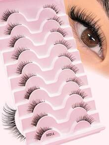 10对猫眼蓬松3D手工仿貂毛卷曲透明小眼日常妆容假睫毛，女士适用 - 黑色 - 查看 1