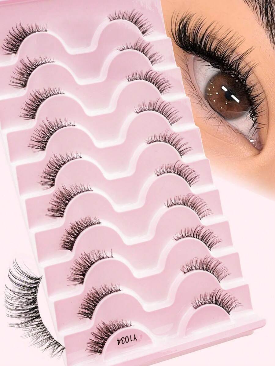 10对猫眼蓬松3D手工仿貂毛卷曲透明小眼日常妆容假睫毛，女士适用 - 黑色 - 查看 1