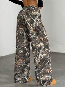 迷彩印花抽绳腰阔腿裤 Y2K 街头风宽松长裤 - 花灰色 - 查看 7