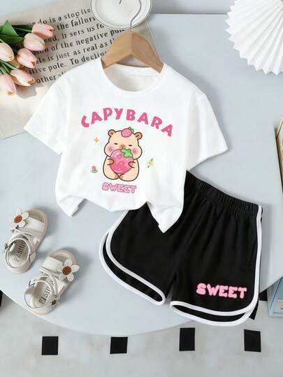 Baby Girl Cartoon Capybara Print Short Sleeve T-Shirt And Shorts Casual Outfit