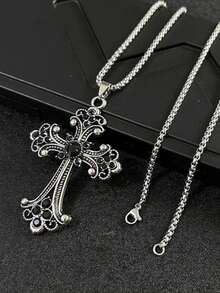 1件巴洛克十字项链，欧美嘻哈复古风格镶嵌大十字不锈钢项链，批发男士长款毛衣链和女士日常配饰 - 十字 - 查看 6