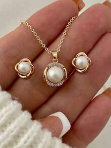 Conjunto de joyas de 3 piezas con arco y perlas falsas, pendientes y collar colgante para mujeres, adecuado para hermanas, vacaciones, citas, regalo de cumpleaños, uso casual, fiesta - estilo1 - Ver 12