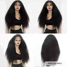 超长深波浪卷发自然黑色合成蕾丝前假发 – 13x4x1 透明高清蕾丝中分，耐热纤维，逼真蓬松卷发假发，适合女性日常佩戴、派对、角色扮演、Y2K 和街头风格，无需胶水即可佩戴。 - 黑色 - 查看 8