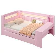 Upholstered Daybed 140x200 Cm With USB Ports And LED Strip, Pull-Out Bed And Desk, Pink - Pink - View 1