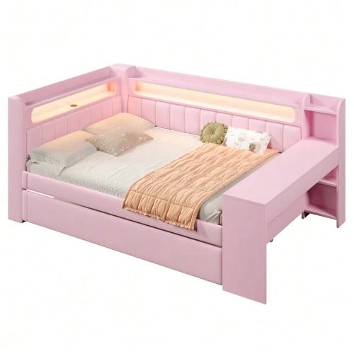 Upholstered Daybed 140x200 Cm With USB Ports And LED Strip, Pull-Out Bed And Desk, Pink - Pink - View 1