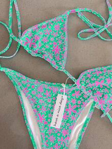 New Arrival Spring/Summer Sexy Elegant Casual Floral Print Women's Halter Tie Bikini Set Set, Suitable For Beach, Vacation, Party - Multicolor - View 1