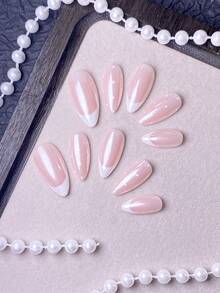10片手工美甲贴纸，假指甲，美甲贴纸，夏季短款美甲贴纸，亚克力美甲贴纸，美甲贴纸套装，Y2K风格，裸色，白色指甲，猫眼闪粉装饰，白色法式尖角和白色波点图案。风格清新淡雅，适合女士和女孩日常通勤、朋友聚会和约会。 - 藕粉色 - 查看 4