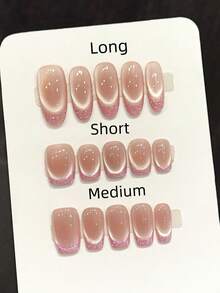 10片手工美甲片，椭圆方形亚克力按压式美甲，中短款，极简粉色美甲，闪亮猫眼美甲，糖粉法式美甲，前卫优雅简约春季美甲，夏季按压式美甲，适合派对、日常、约会、海滩、热带度假等场合，DIY假指甲艺术，适合女性和女孩作为礼物，美甲用品 - 粉色 - 查看 22