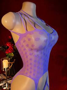 Sleeveless Halter Knit Jumpsuit With Hollow-Out Details, Semi-Sheer Stretchy Fabric - Violet Purple - View 4