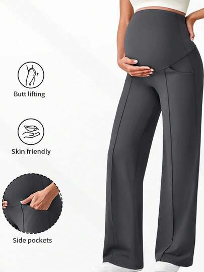 1pc Maternity Pants With Pockets, Featuring Elastic Waistband Design That Won't Constrict The Abdomen, Dual Side Pockets For Convenience. Straight-Leg Cut, U-Shaped/Full Abdominal High Elasticity Support Design, Made Of Highly Elastic Fabric. Ideal For Pregnant Women Yoga, Workout, Jogging, Fitness And Sports