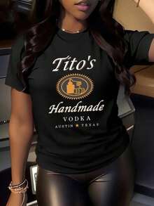 Tito's Handmade Vodka Austin Texas Graphic Tee Casual Short Sleeve Black Top, Casual Soft, Pure Cotton 220g Printed T-Shirt, Breathable Washable, Women Summer Top, Women Graphic Tee Funny Design, Daily - 黑色 - 查看 1