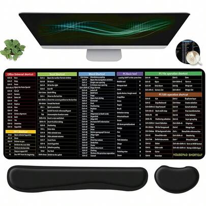 4pcs Office Software Shortcut Cheat Sheet Design Extended Gaming Mouse Pad Set, Includes Keyboard Wrist Rest, Ergonomic Mouse Wrist Rest & Desk Coaster, Large Computer Desk Mat With Wrist Support, Ideal For Home Office, Gaming & Desktop Decoration