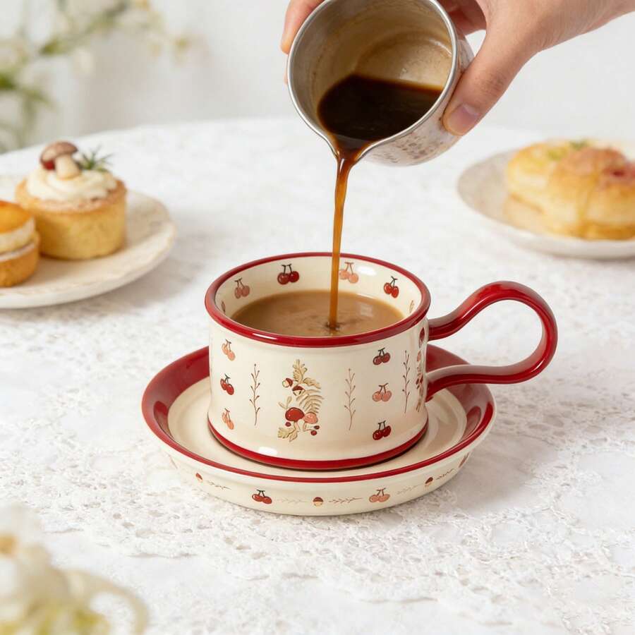 Mushroom & Cherry Countryside Style Cute Ceramic Coffee Cup & Saucer Set, High-Quality Couple Cups, Wedding/Home Gift, Tea/Coffee Mug - Red - View 1