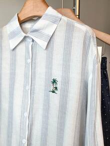 女士条纹椰树印花单排扣休闲百搭日常短袖衬衫 - 淺藍色 - 查看 5