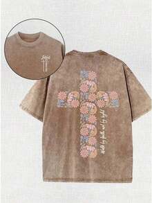 Camisetas nuevas de moda para hombres de primavera y verano, 230 gramos de algodón, camiseta de alta calidad con estampado batik de doble cara, cuello redondo y mangas cortas, "Caminar con confianza, no mirar. "Jesús, Dios, Creencia Religiosa, Cruz "Camisetas de Hombre, Deportes al Aire Libre, Ocio Urbano" - Rosa - Ver 7