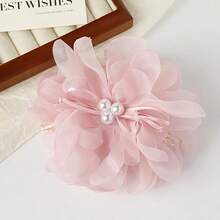 1pc Pearl Decor Super Fairy Pink Mesh Flower Big Hair Clip, Sweet Romantic Elegant Multifunctional Hair Accessory Suitable For Travel, Vacation, Party, Etc. Summer Beach Claw Clips Vacay Hair Claws Vacay Hair Clips - Pink - View 9