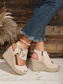 Velvet Fashion Button Closure Jute Rope Stylish Lightweight Wedge Heel Women Shoes - Beige - View 4