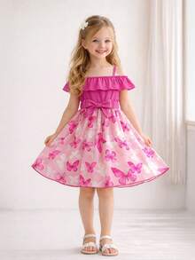 女童甜美公主连衣裙，蝴蝶印花蓬蓬裙，吊带露肩荷叶边设计，收腰剪裁，夏季公主甜美风 - 玫紅色 - 查看 1
