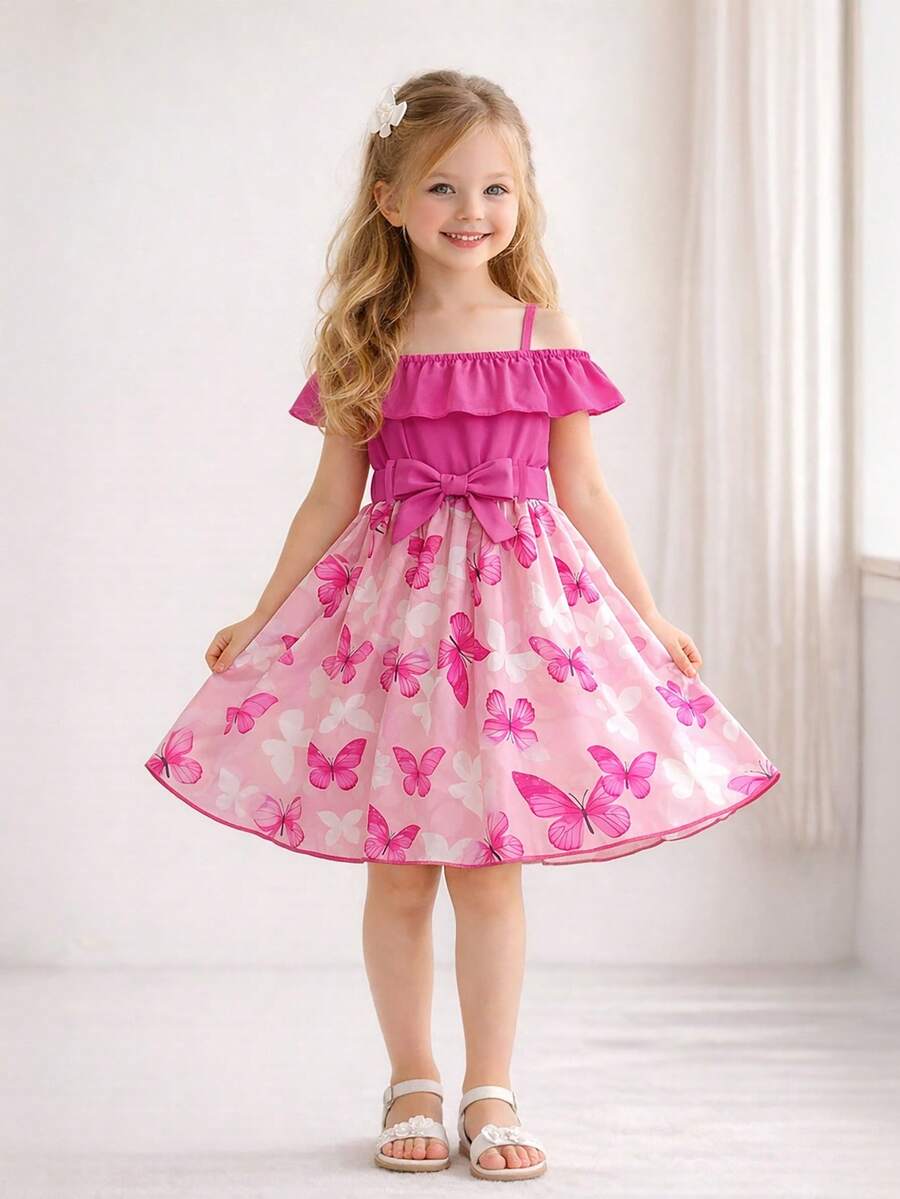 女童甜美公主连衣裙，蝴蝶印花蓬蓬裙，吊带露肩荷叶边设计，收腰剪裁，夏季公主甜美风 - 玫紅色 - 查看 1