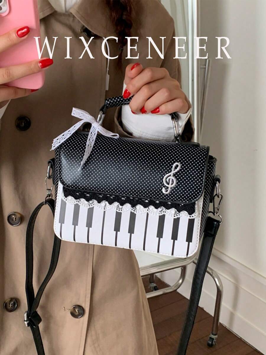 Klappe Quadratische Tasche, Modische Kunstleder Damen Handtasche, Stilvolle Ketten Deko Umhängetasche - Schwarz und Weiss - Übersicht 1