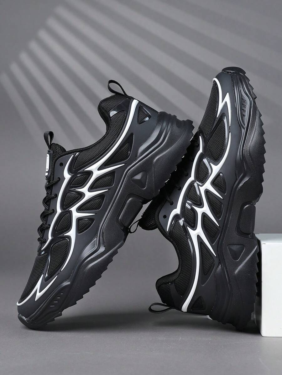 2026 New Men's Fashion Sneakers, Lace-Up Shoes, Black & White Personalized Streetwear Thick Sole Casual Shoes - Black and White - View 1