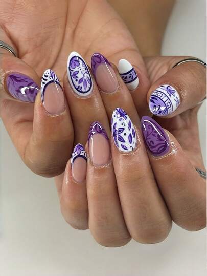 24 Pieces Of Purple Flower Nail Stickers, Long Almond-Shaped Bohemian-Style Fake Nails, Summer Bohemian Retro Style. On A Nude / Purple Base, Blend Purple Flowers, Scroll Patterns And Geometric Designs. Almond-Shaped Fake Nails, Full Coverage Fake Nails, Purple Fake Nails. Suitable For Women's Daily Commutes, Parties, And Festival Events. Also A Personalized Gift For Relatives And Friends Who Love Nail Art.