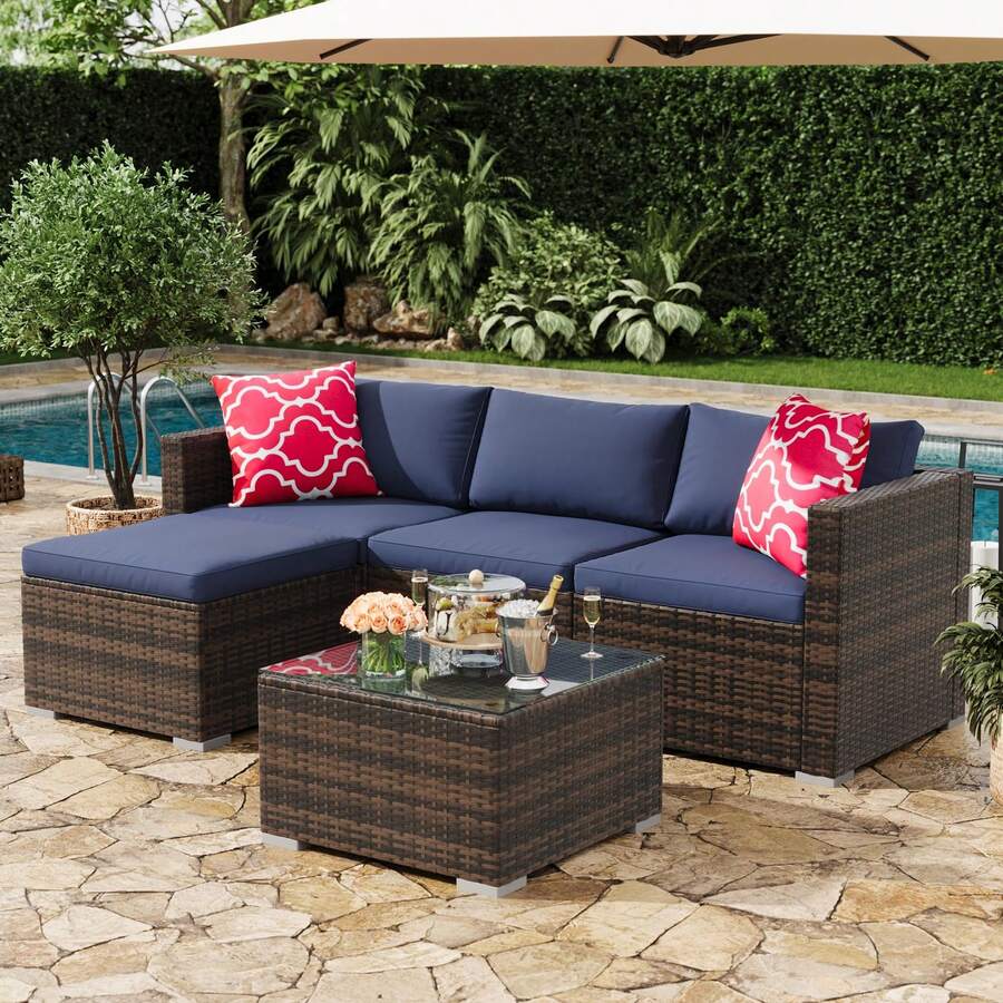 5-Piece Outdoor Sectional Sofa Set, All-Weather PE Rattan Patio Furniture With Ottoman & Tempered Glass Table, Convertible Garden Couch For Backyard, Porch, Poolside - Brown/Navy Blue - View 1