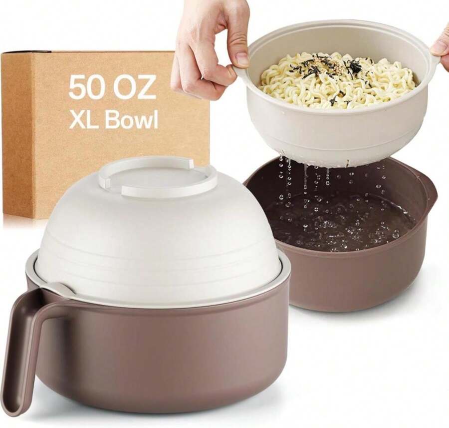 MEACOLIA 50 Oz Large Ramen Bowl, Microwave Ramen Cooker, Noodle Pasta Cooker With Lid And Strainer, Steamer For Vegetables, College Dorm Essentials For Girls Guys (Beige) - ColorA - 查看 1