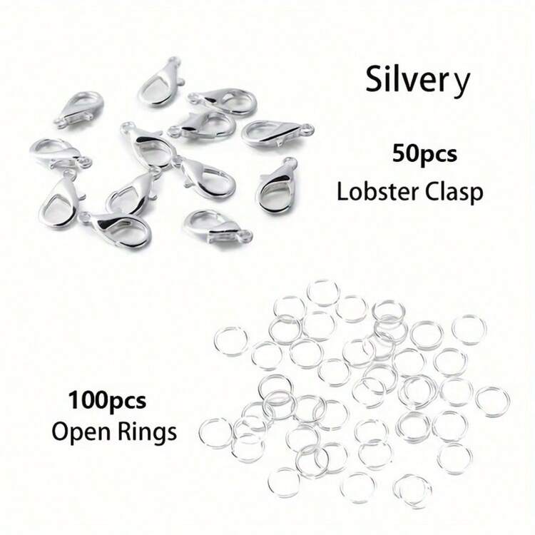 50 chiếc móc càng cua 12mm và 100 chiếc khoen chia 5mm, thích hợp để tự làm vòng tay và dây chuyền, bộ dụng cụ làm trang sức. - 50 khóa cài hình tôm hùm + 100 chiếc nhẫn - Xem 10