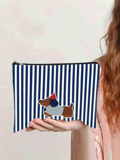1个蓝白条纹腊肠犬化妆包，可爱卡通便携手提包，旅行化妆品收纳包，洗漱包