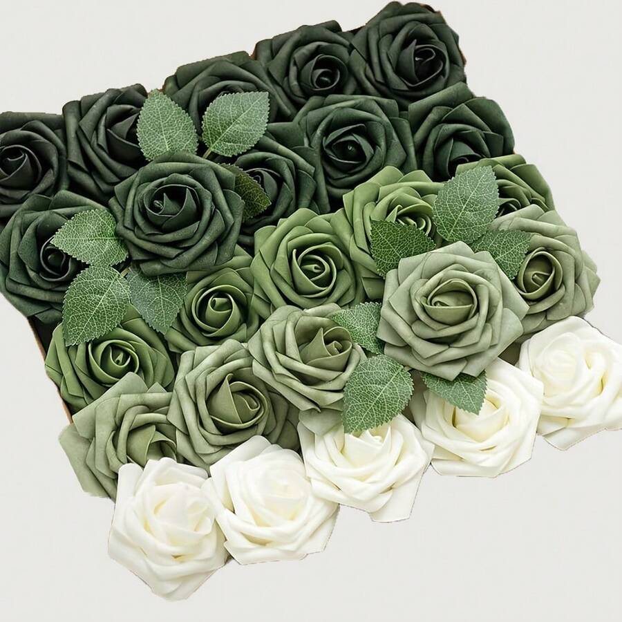 7/12/17/22/27PCS Artificial Flowers, Foam Roses With Stems, Suitable For DlY Wedding Bouquets, Bridal Shower Centerpieces, Floral Arrangements, Party Table Decor, Home Decor (OPP Bag Packaging, No Box) - Green - View 1