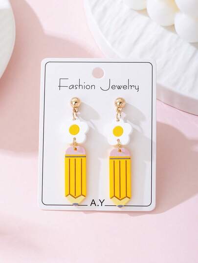 1 Pair Cute Flower & Pencil Design Earrings, Soft Pottery Texture, Fashion Jewelry Gift For Teachers, Perfect For Back To School Or Graduation Season