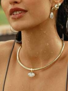 1件椭圆形金属颈链，简约欧美朋克风格配饰 - 金色 - 查看 1