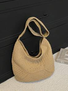 1件简约纯色天然棉手工钩编新月形包，祖母拼布设计，肩背/腋下两用，拉链封口，波西米亚风，编织手提包，海滩度假，法式休闲时尚，编织腋下包，春夏度假，复古艺术风，通勤外出 - 卡其色 - 查看 10