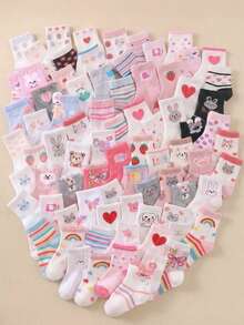 5/10/20 Pairs Kids Crew Socks, Girls Ankle Socks, Girls Mid-Calf Socks, Featuring Bow, Heart, Stripe, Rabbit, Elephant, Floral, Polka Dot Patterns, Suitable For Daily Wear, 1-16 Years Old Girls, Great For Birthday Gifts, School Wear, Breathable Soft Comfortable, Random Color Assortment - Multicolor - View 8