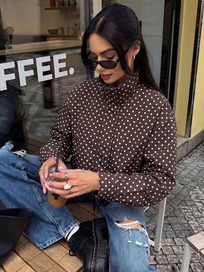 Chaqueta casual de mujer MUMRAP con lunares, de manga larga y holgada, con cuello alto y cremallera, prenda exterior de moda para otoño y primavera