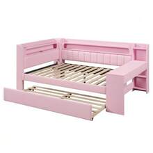 Upholstered Daybed 140x200 Cm With USB Ports And LED Strip, Pull-Out Bed And Desk, Pink - Pink - View 5