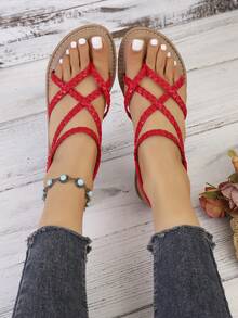Sandal nữ đan chéo co giãn, sandal đế bằng bằng da PU thanh lịch, thời trang nghỉ dưỡng, phong cách bohemian, gợi cảm, thích hợp cho mùa hè và đi biển. - Đỏ - Xem 8