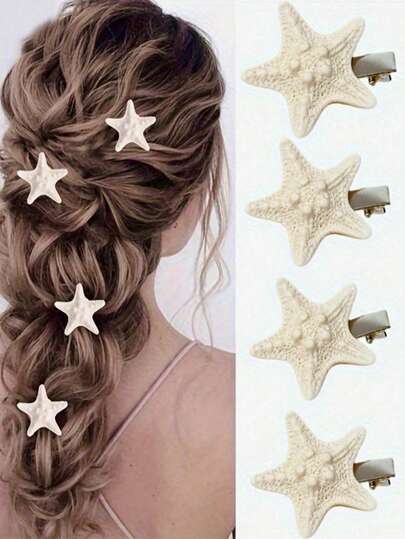 4 件套逼真树脂海星发夹，防滑鸭嘴辫发饰，海洋沙滩主题发饰，适合女性和女孩，完美适用于沙滩婚礼、夏季度假、派对、新娘、盘发。
