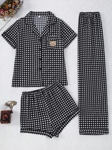 Bộ đồ ngủ cardigan kẻ caro nhăn 3 món dành cho nữ, thêu hình gấu. - Màu xám đen - Xem 1