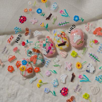 一幅清新淡雅的春日乡村风格插画，融合了郁金香、雏菊、樱花、铃兰、勿忘我等娇嫩的花卉元素，以及猫咪、蝴蝶、瓢虫、兔子等可爱的动物，还有野餐篮、礼盒、茶杯、丝带、樱桃美甲贴纸等生活用品。