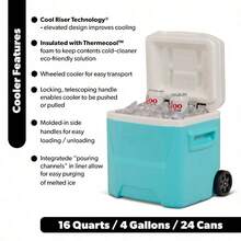 16 QT Aqua Blue Wheeled Hard Cooler, Leak-Proof Portable Ice Chest For Travel, Fishing, Parties & Outdoor Adventures - Aqua - View 3