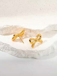 2只时尚镀金可爱蝴蝶结耳钉，魅力百搭，适合日常佩戴，女士必备 - 金色 - 查看 6