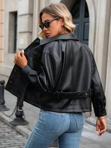 Áo khoác giả da nữ kiểu moto biker, chất liệu giả da thuần chay, có thắt lưng. - Đen tối - Xem 8