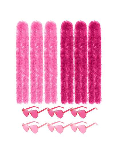 1/3pcs Pink Fluffy Faux Feather Scarf With Heart-Shaped Glasses, Colorful Faux Fur Scarf, Suitable For Wedding, Birthday, Christmas, Clothing Accessories