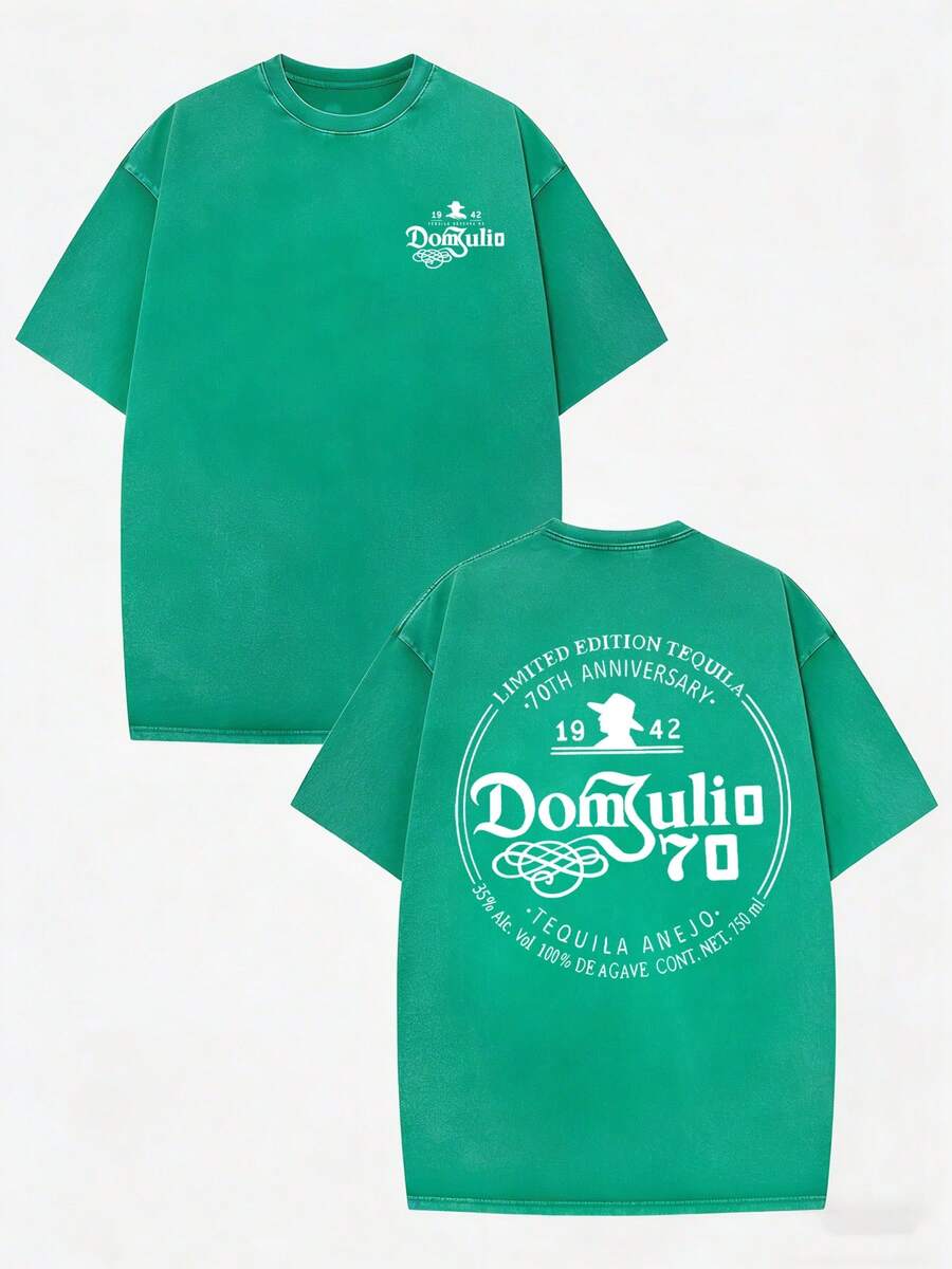 230G Washed Pure Cotton T-Shirt, Men'S Casual Fashion, With 'Dom Julio 70th Anniversary' Print, Outdoor Sports T-Shirt Loose Fit Soft Knitted T-Shirt - 綠色 - 查看 1
